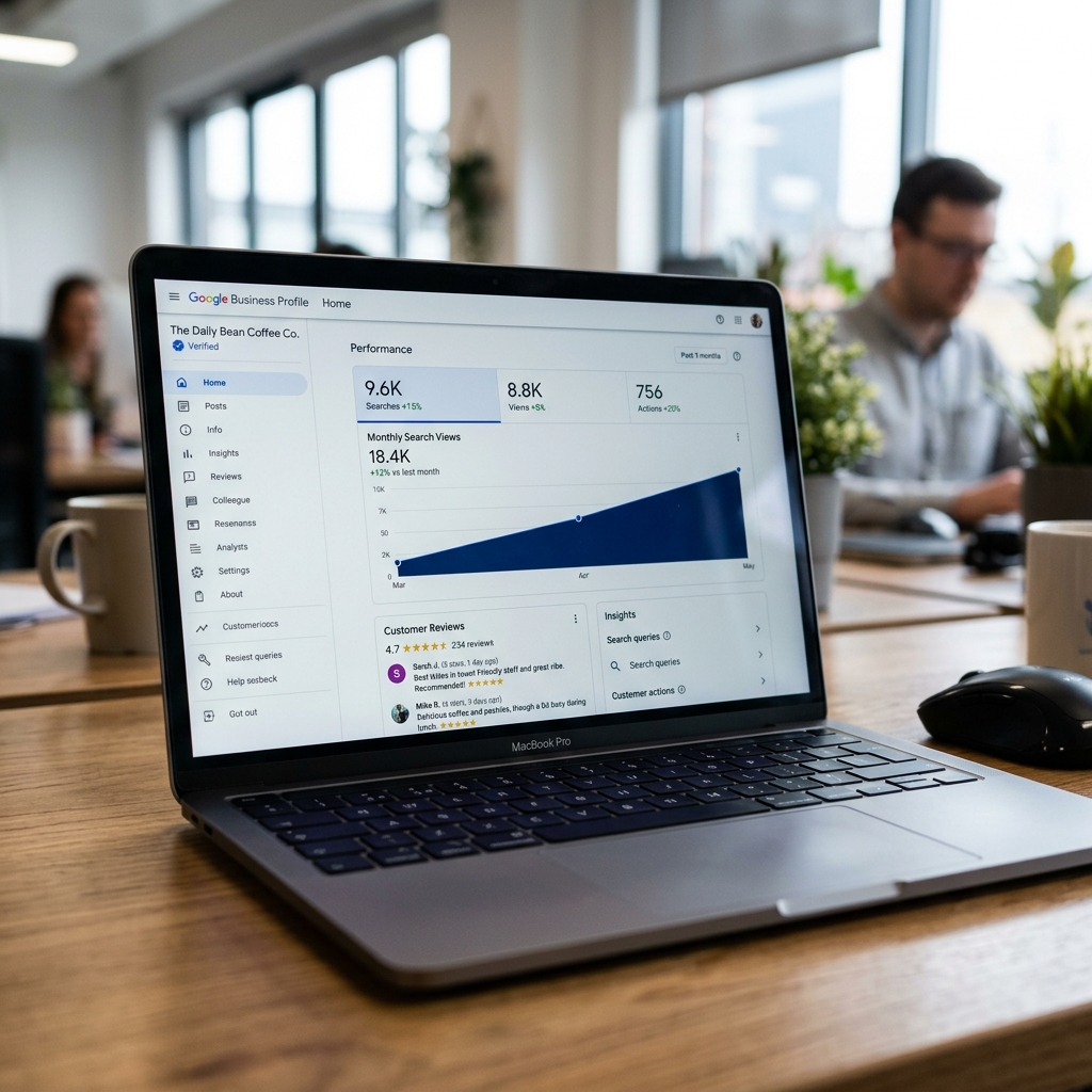 Google Business Profile dashboard showing search views and review sync statistics