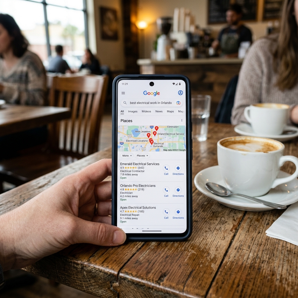 Smartphone on coffee shop table showing search results for best electrician in Orlando