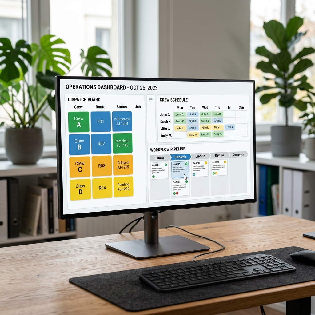 Custom operations dashboard on computer screen showing team schedules and pipeline
