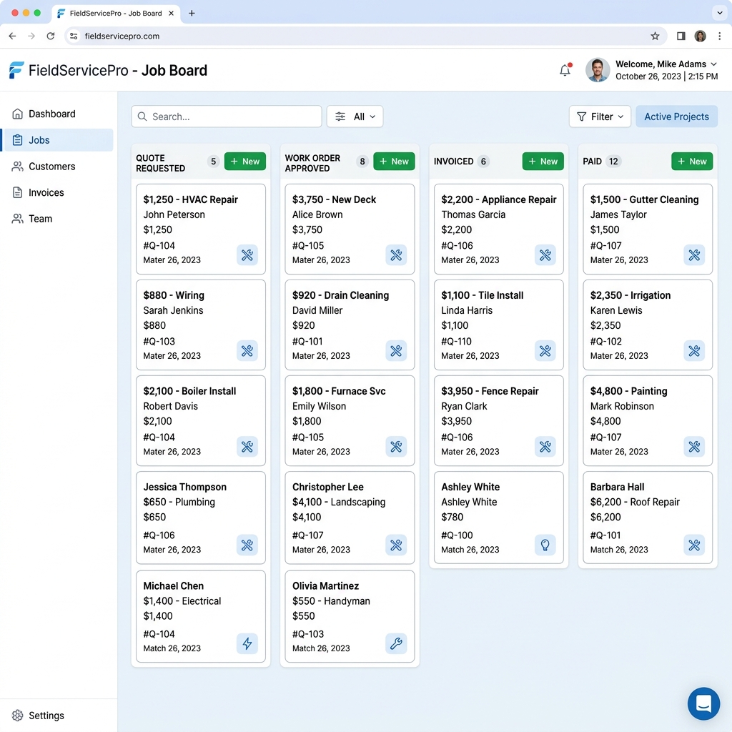 Kanban board showing jobs, work orders, and invoicing status