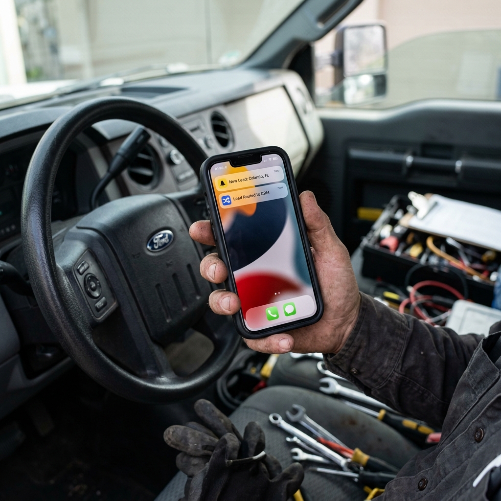Contractor phone inside service truck displaying real-time lead routing and notifications