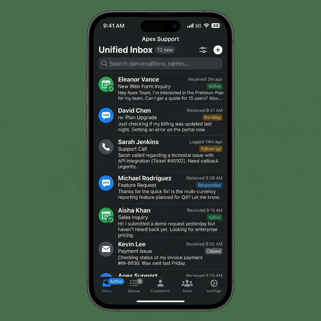 Unified messaging inbox showing SMS and web inquiries on phone screen