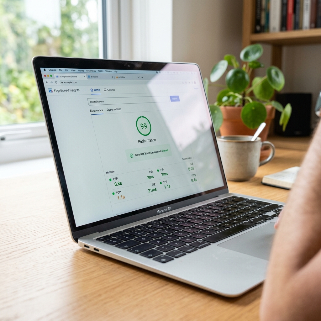 Google PageSpeed Insights report on laptop showing 99/100 score