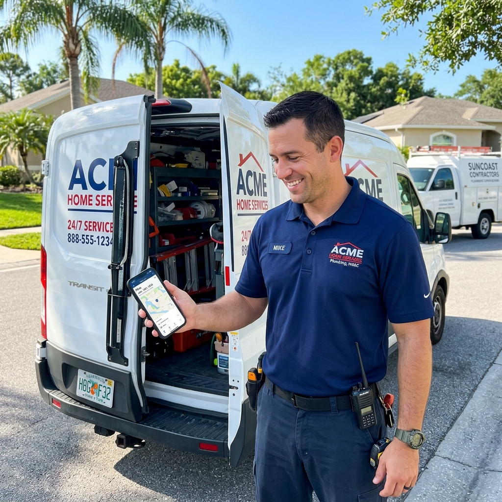 Technician standing next to service van checking smartphone messages