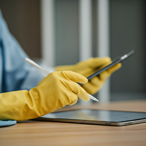 Professional cleaning team reviewing a checklist on a tablet in a modern office
